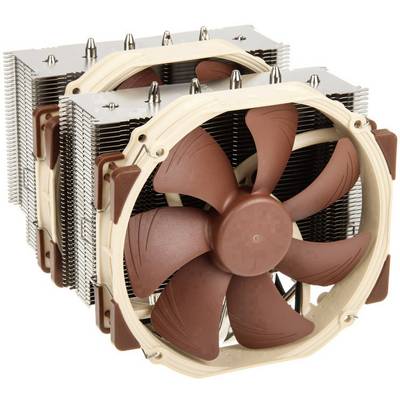 Een CPU-koeler met grote koelribben en twee grote ventilatoren voor efficiënte koeling van computerprocessoren.