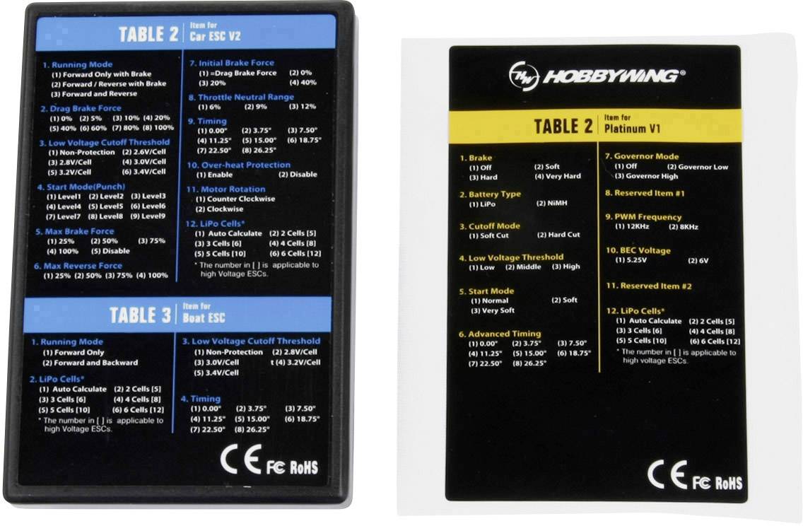 Twee tabellen met informatie over ESC-instellingen voor auto's en boten. Links: Tabel 3 ('Boat ESC'), rechts: Tabel 2 ('Platinum V1').