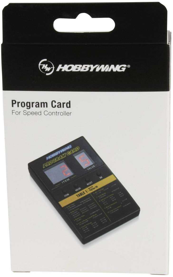 Een 'Hobbywing' programmeerkaart voor snelheidsregelaars in een verpakking. De kaart toont een digitaal display en knoppen.