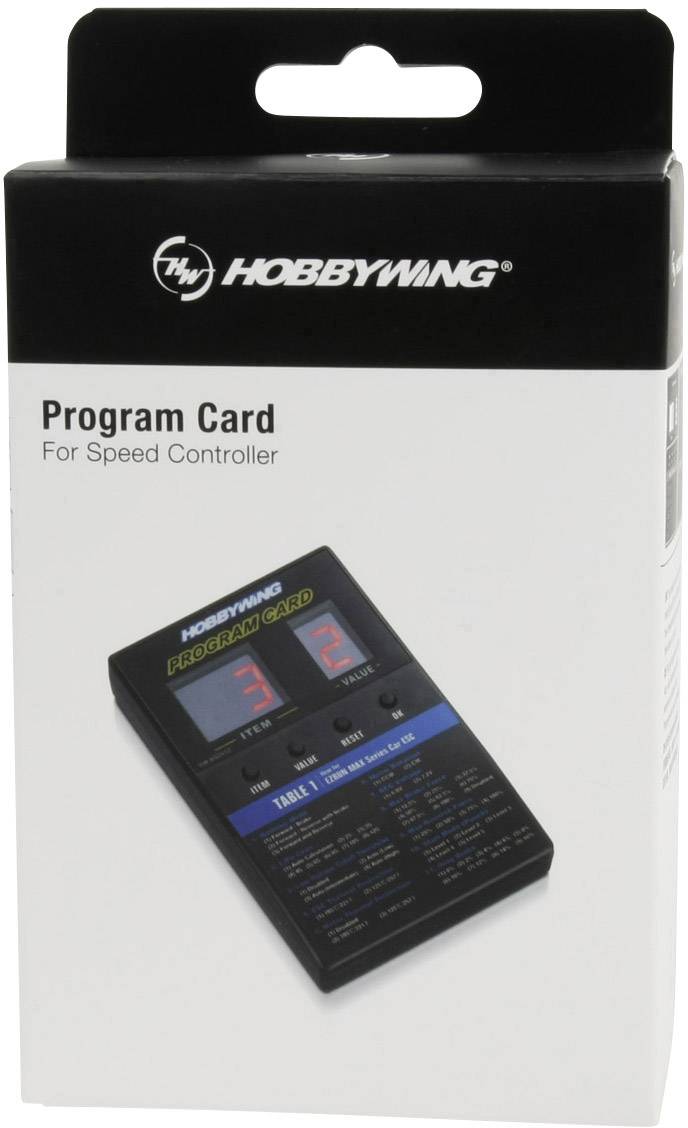Een verpakking met de tekst 'Hobbywing Program Card for Speed Controller'. Afgebeeld is een programmeerkaart voor het instellen van de snelheidsregelaar.