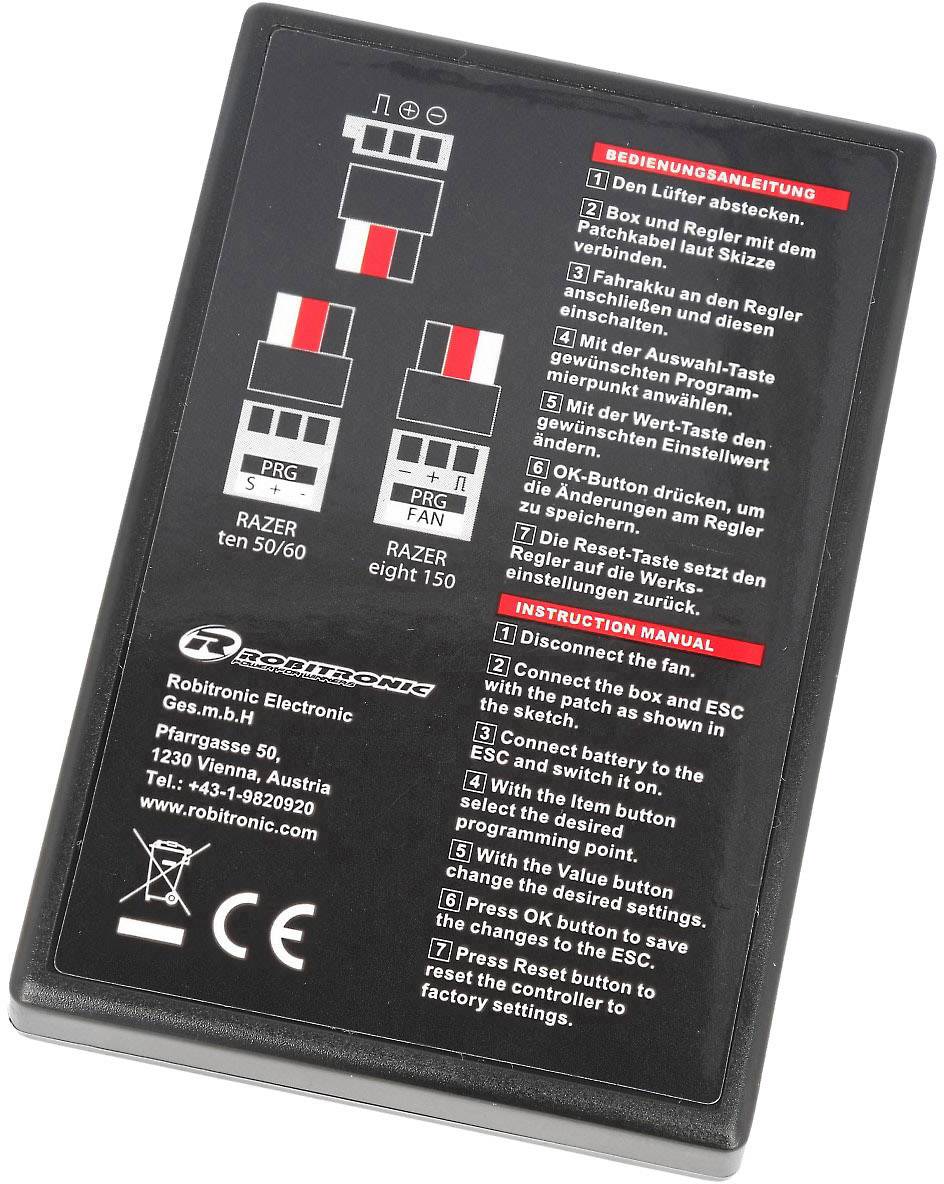 Zwarte behuizing met ventilatorinstellingen. Toont schakelaars en labels voor het regelen van de ventilatorsnelheid: 'RAZER ten' en 'RAZER eight 150'.