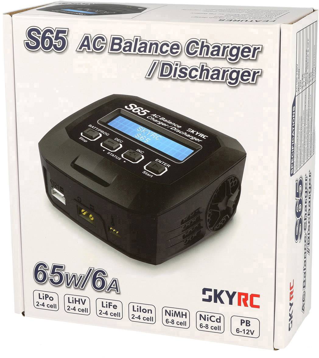 Elektronisch laadapparaat in een doos. Tekst op de doos: 'S65 AC Balans Lader/Ontlader', specificaties: 65W/6A, geschikt voor verschillende accutypes.