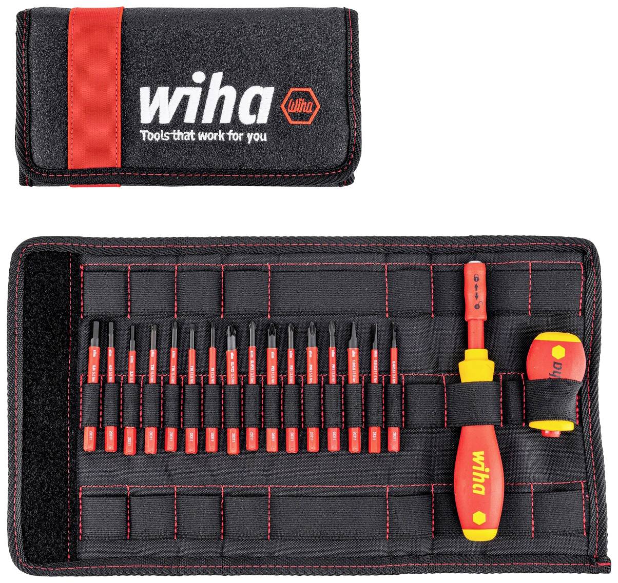 'Wiha' gereedschapsset in een zwarte en rode tas. Bevat talrijke schroevendraaierbitjes, een handgreep en een kleine moersleutel.