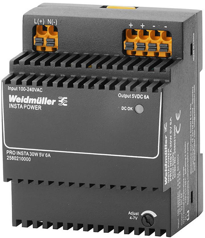 'Weidmüller INSTA POWER' voeding voor DIN-rail, invoer 100-240VAC, uitvoer 5VDC 6A, zwart behuizing, oranje steekklemmenaansluiting bovenaan.
