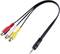 Zwarte kabeladapter met drie RCA-connectoren in rood, wit en geel, verbonden met een 3,5-mm jackplug.