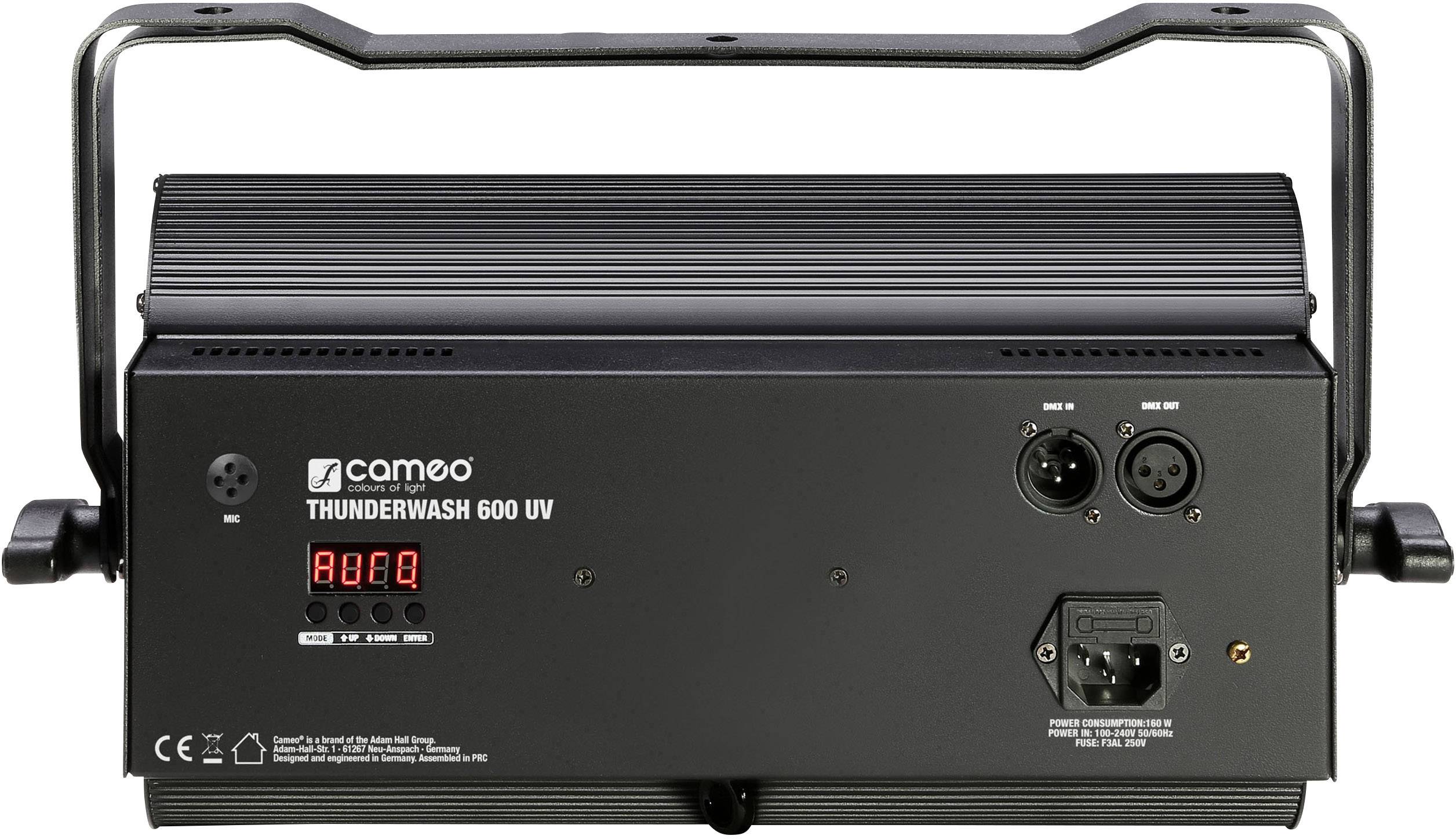 Apparaat Cameo Thunderwash 600 UV, vooraanzicht: toont aansluitingen voor DMX, stroom en bedieningselementen aan de achterkant van een verlichtingsapparaat.