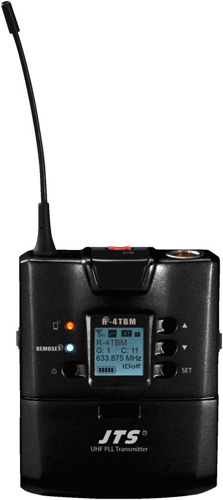 Zwarte UHF-PLL-zender met antenne. Display toont frequentie '633,875 MHz'. Bedieningsknoppen zichtbaar. Apparaat draagt het merk 'JTS'.