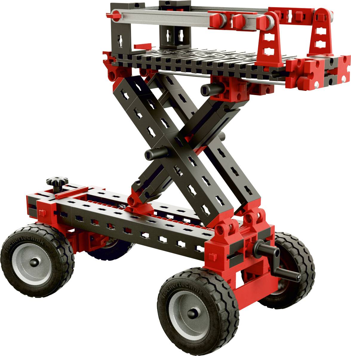 Een modelbouwset toont een hefplatform op wielen met een rood en zwart kleurenschema.