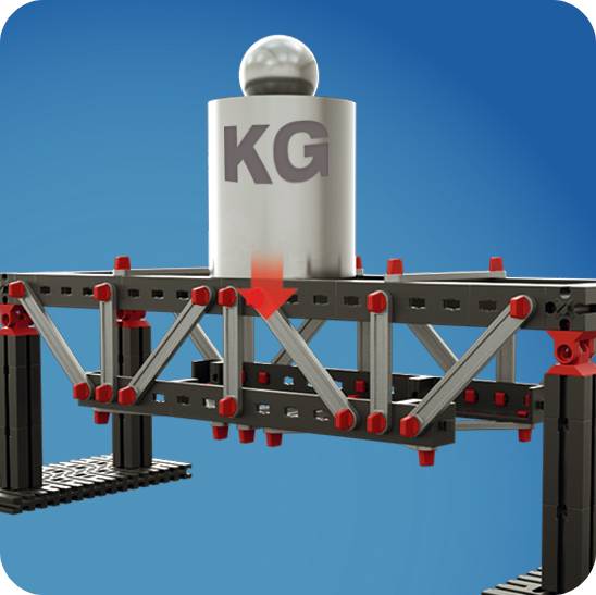 Constructie van metaal- en kunststofonderdelen op een blauwe achtergrond. Een grijze massa met 'KG'-opdruk geeft gewichtsbeperking aan.