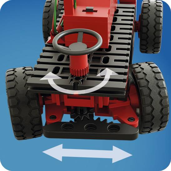 Een speelgoedauto op een blauwe achtergrond toont een bewegingsrichting met witte pijlen naar voren en opzij.