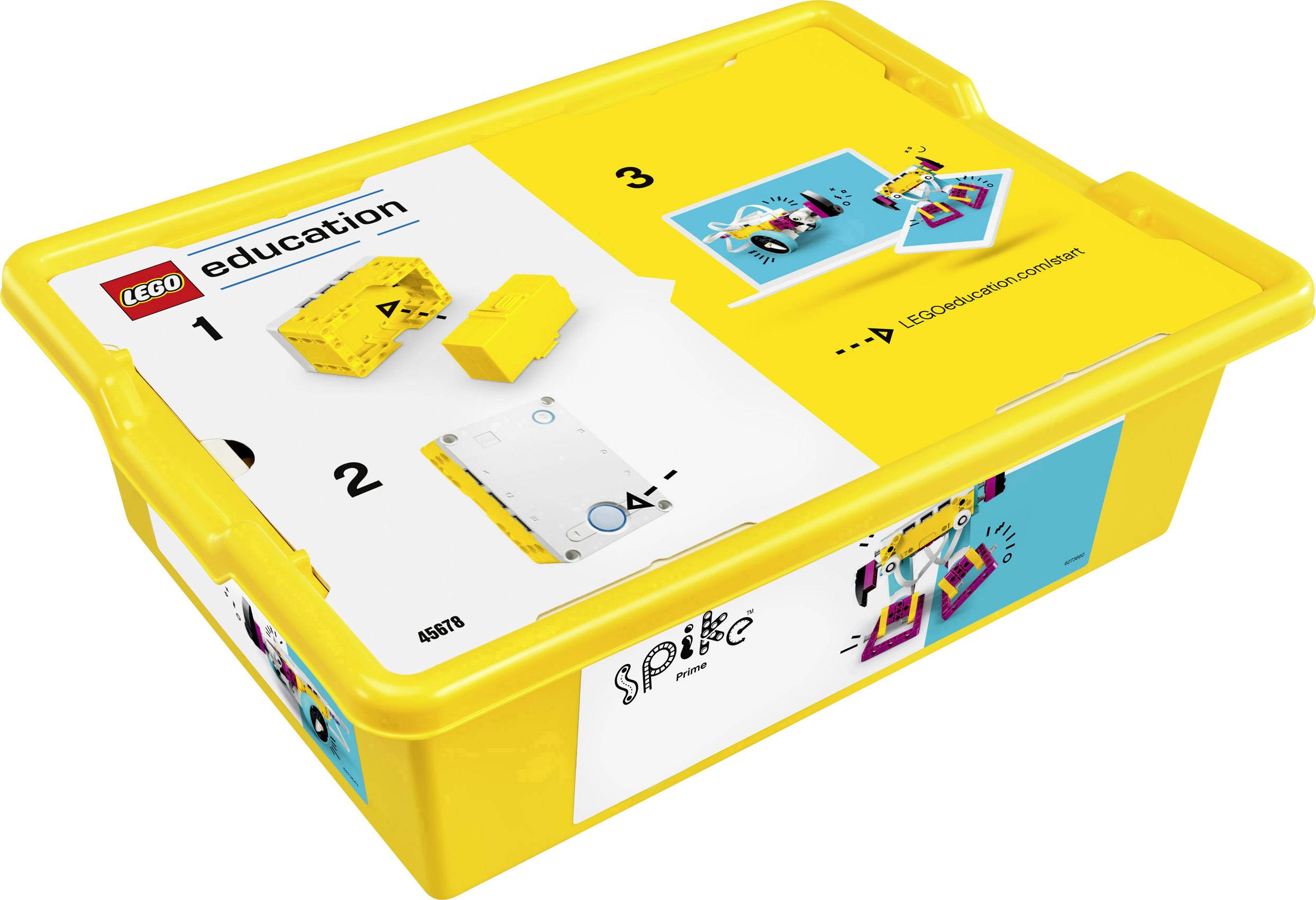 Gele LEGO Education doos met afbeeldingen van onderdelen en instructies. Op de doos zijn stapsgewijze illustraties te zien.