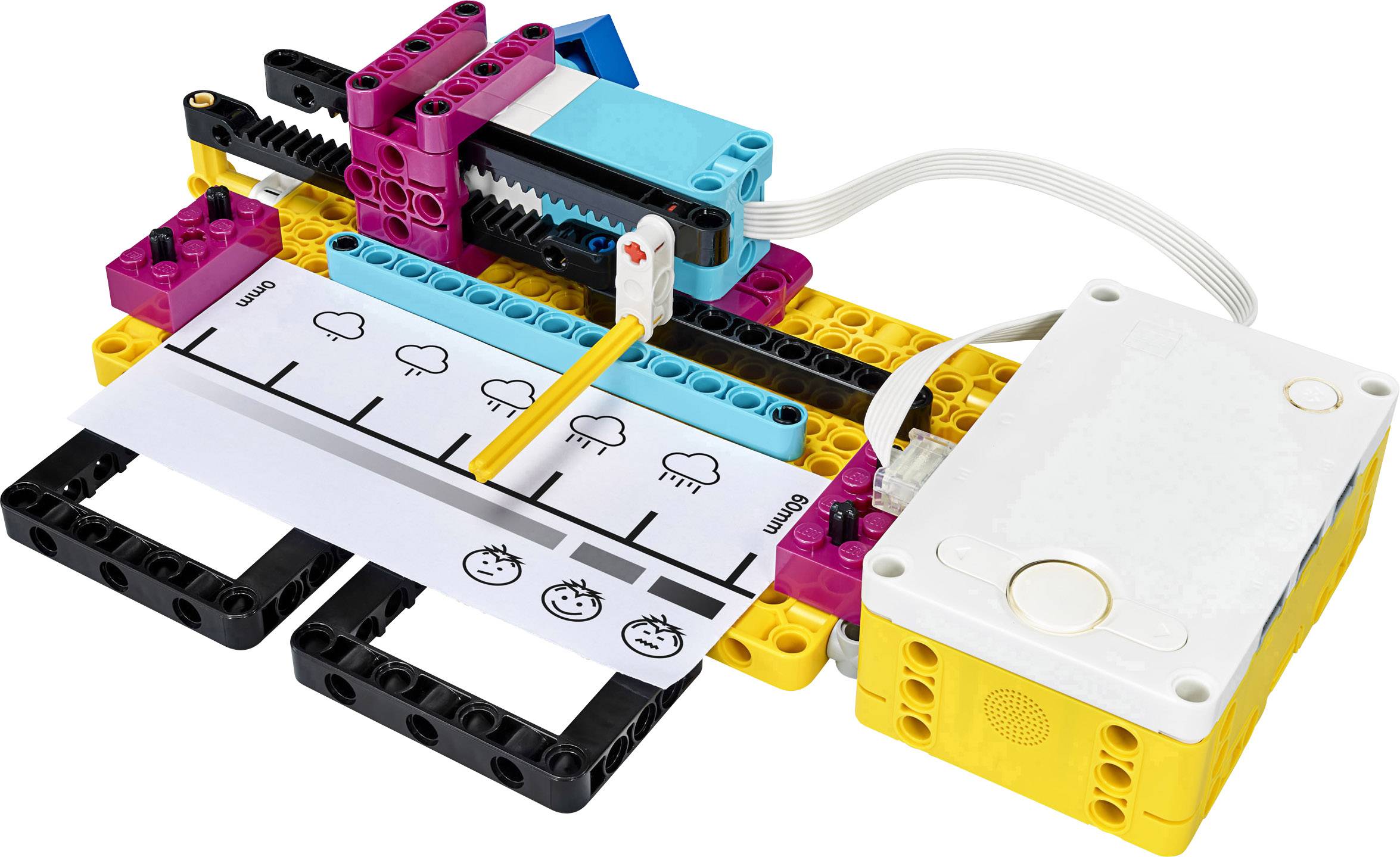 LEGO-set met een weerstation dat zon en wolken weergeeft, verbonden met een besturingsapparaat.