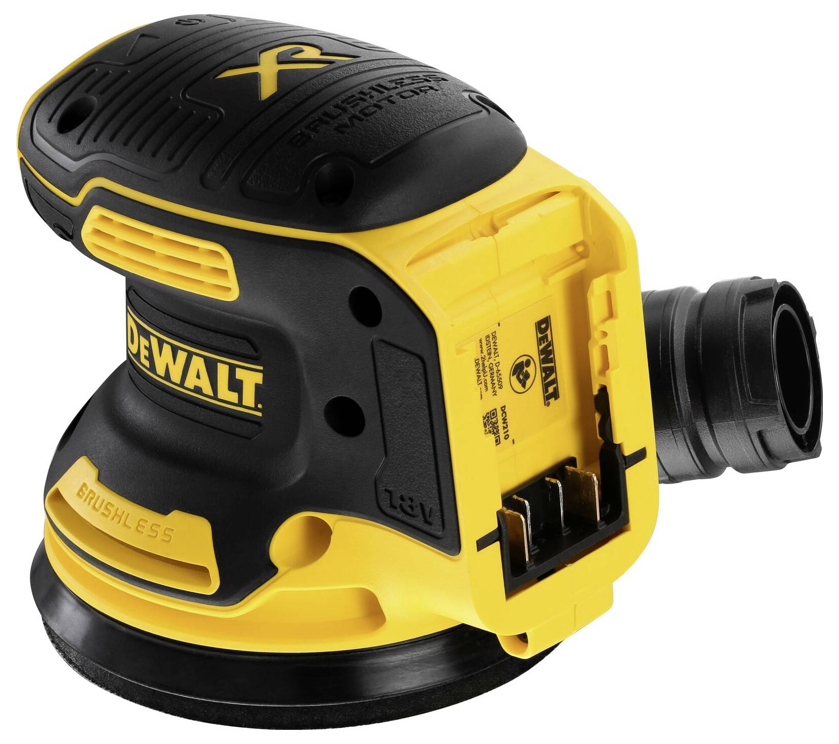 Een geel-zwarte, snoerloze DeWalt schuurmachine met borstelloze motor en drie snelheidsstanden, geschikt voor houtbewerkingen.