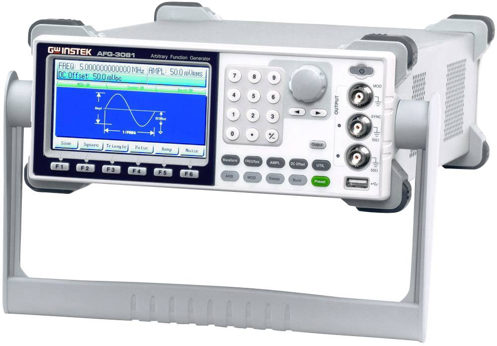 Een functiegenerator met een display dat een sinusgolf bij 50 Hertz toont, omringd door bedieningselementen en aansluitingen.