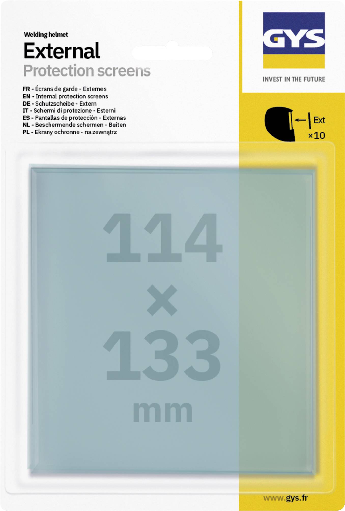 Verpakking voor externe beschermingsschermen voor GYS lasmaskertjes, met afmeting 114 x 133 mm en hoeveelheid x10.