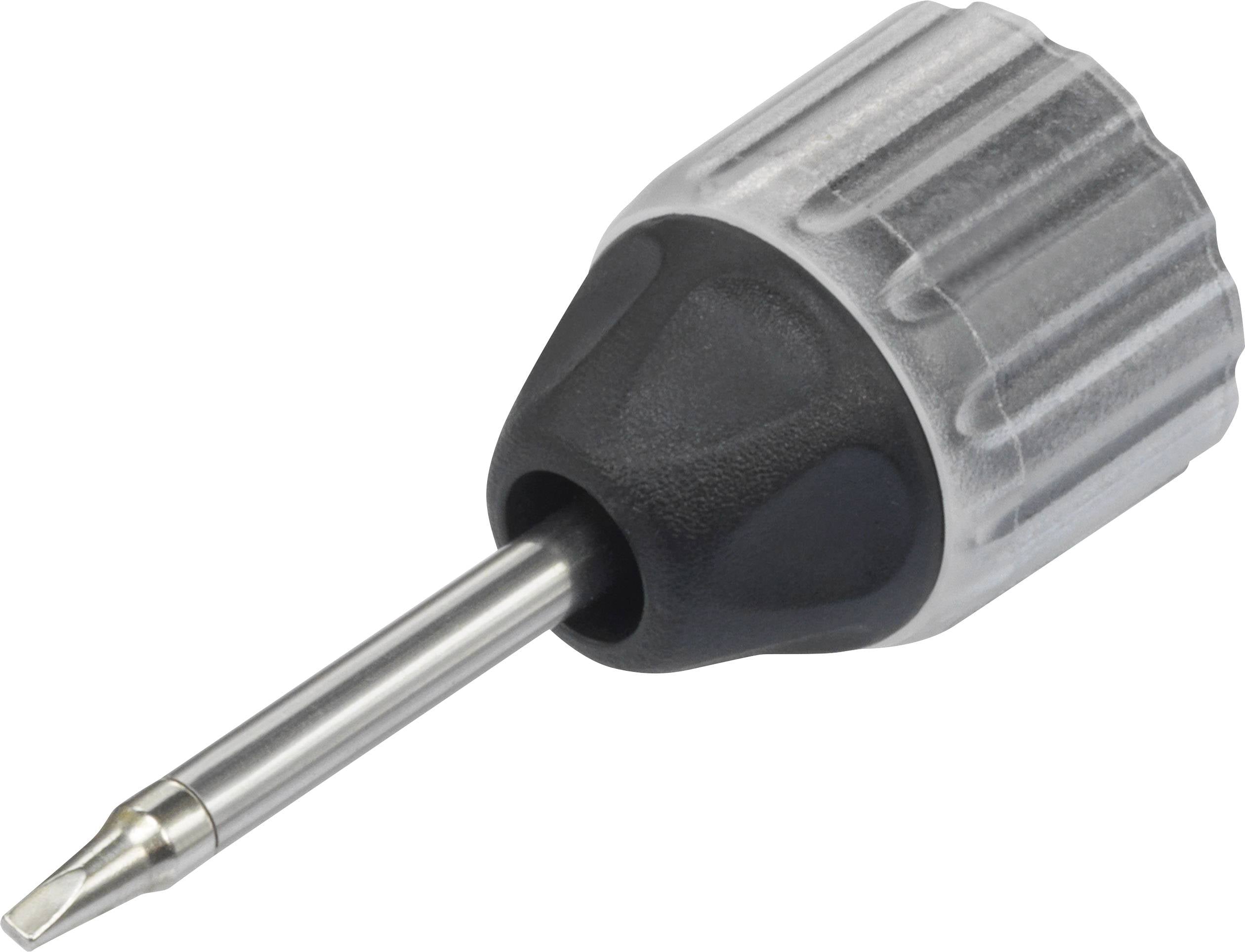 Een zilver en zwart schroevendraaierbit met gegroefde greep, geschikt voor precisiewerk in de elektronica of fijnmechanica.