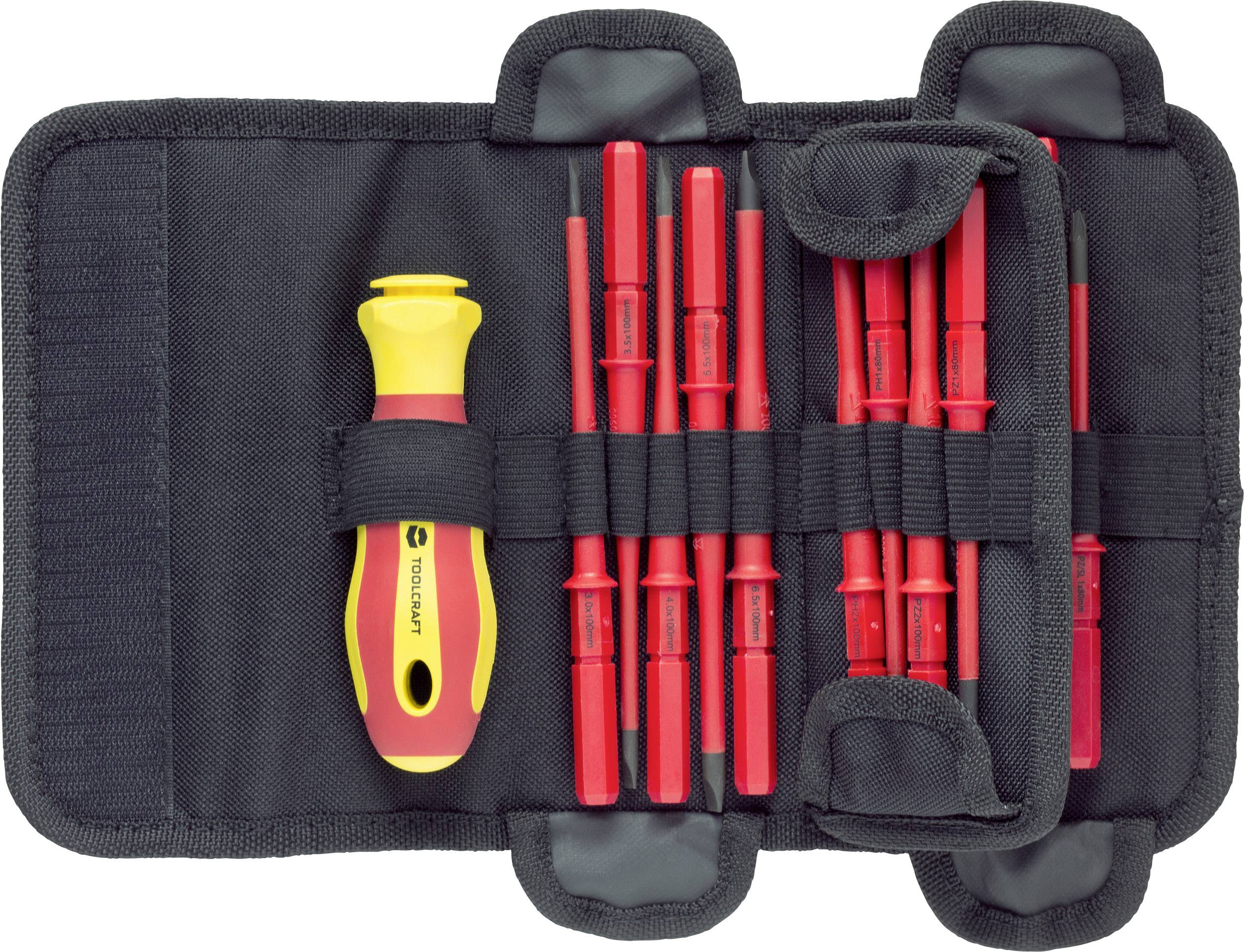 Een set schroevendraaierbits en handgreep, gesorteerd in een zwarte tas. Ideaal voor elektrische werkzaamheden.