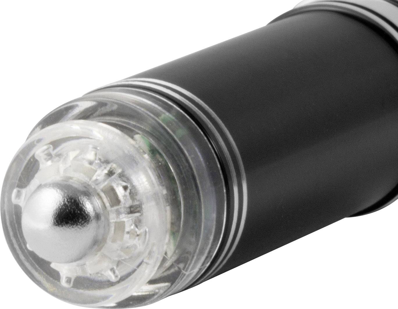 Een zwarte pen met een doorzichtige dop en zilveren punt ligt op een oppervlak. De pen heeft een modern design.