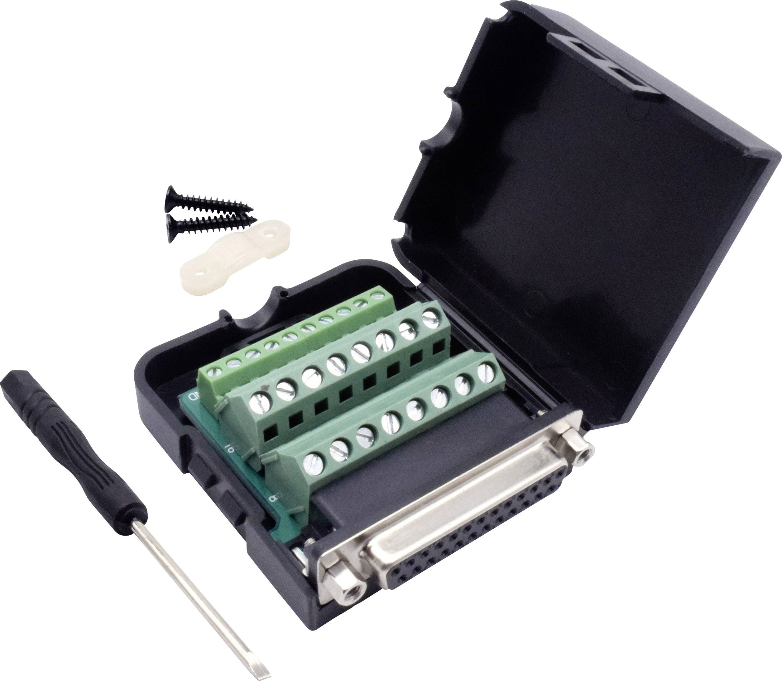 Afgebeeld is een open zwarte adapter met groene klemmen, een schroevendraaier en twee schroeven, op een witte achtergrond.