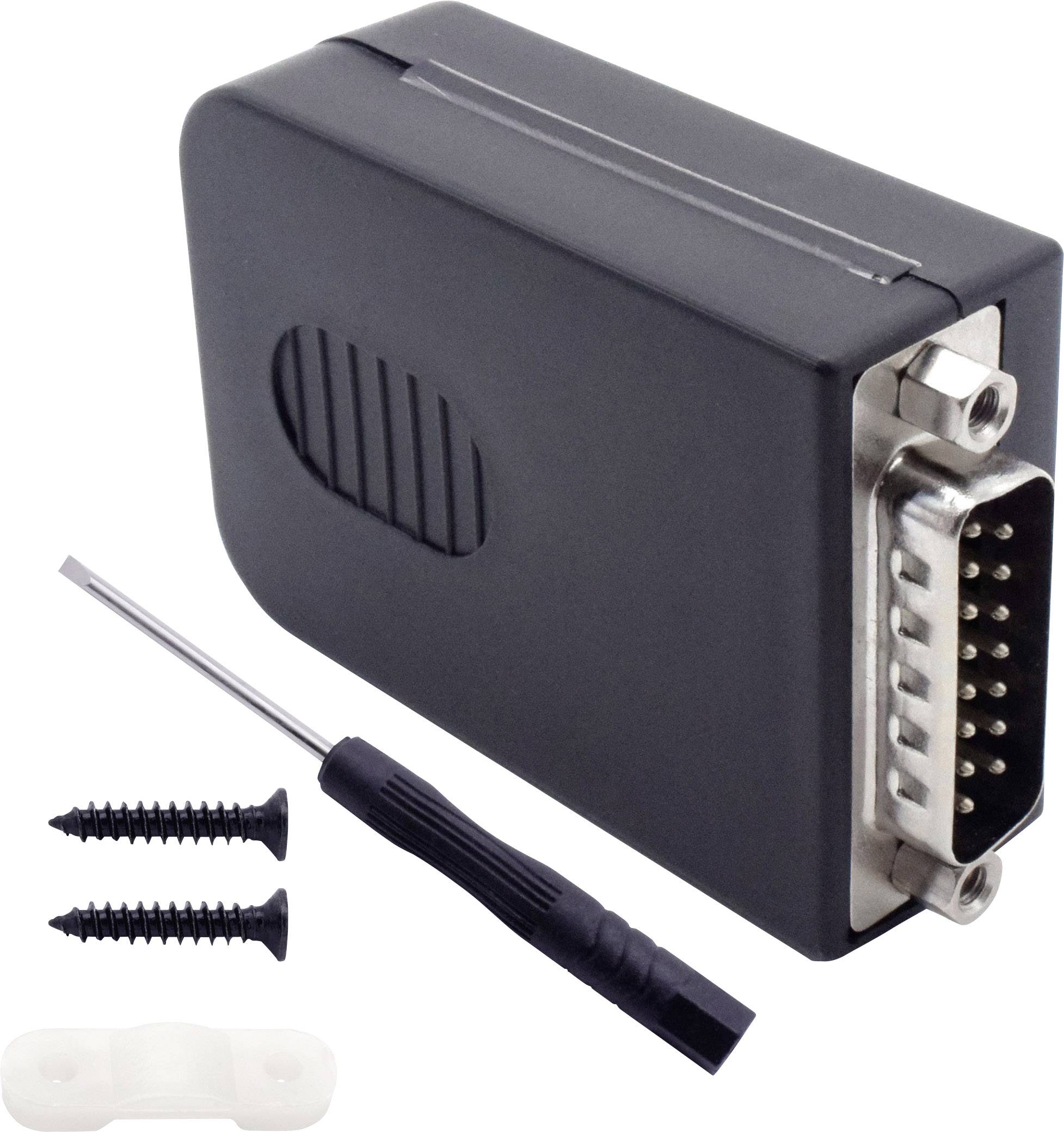 Een zwarte adapter met een 9-polige stekker, diverse schroeven en een schroevendraaier. Componenten voor een technische installatie.