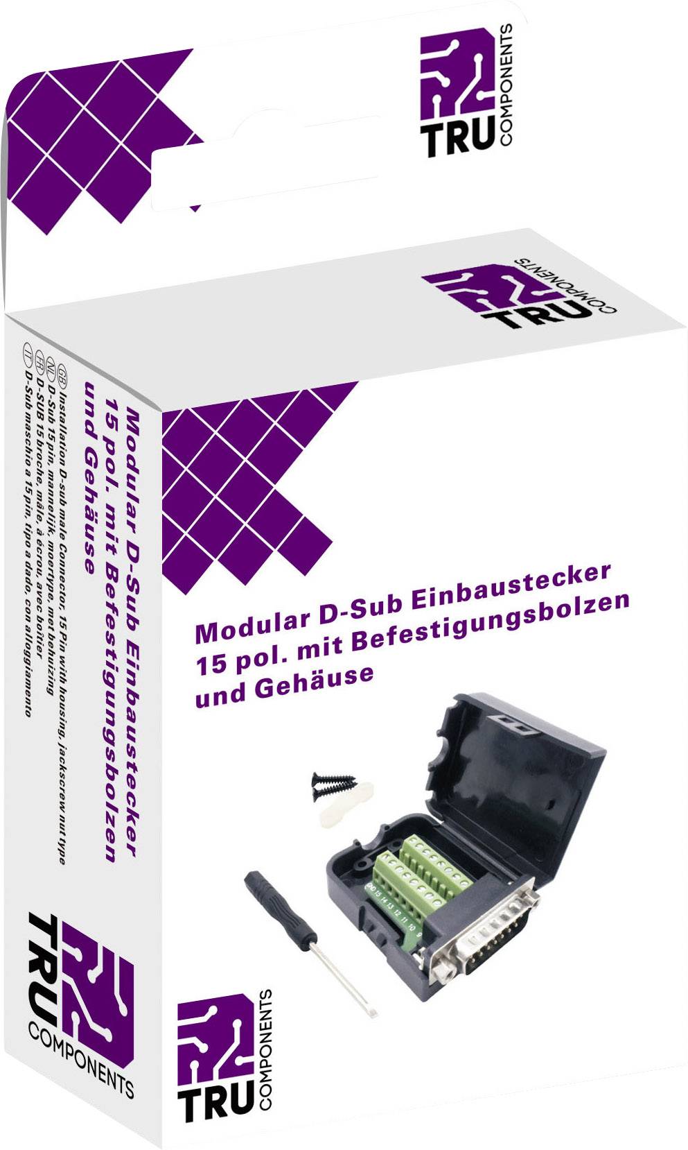 Verpakking van een modulaire D-Sub inbouwstekker, 15-polig, met bevestigingsbouten en behuizing, afgebeeld met schroevendraaier.