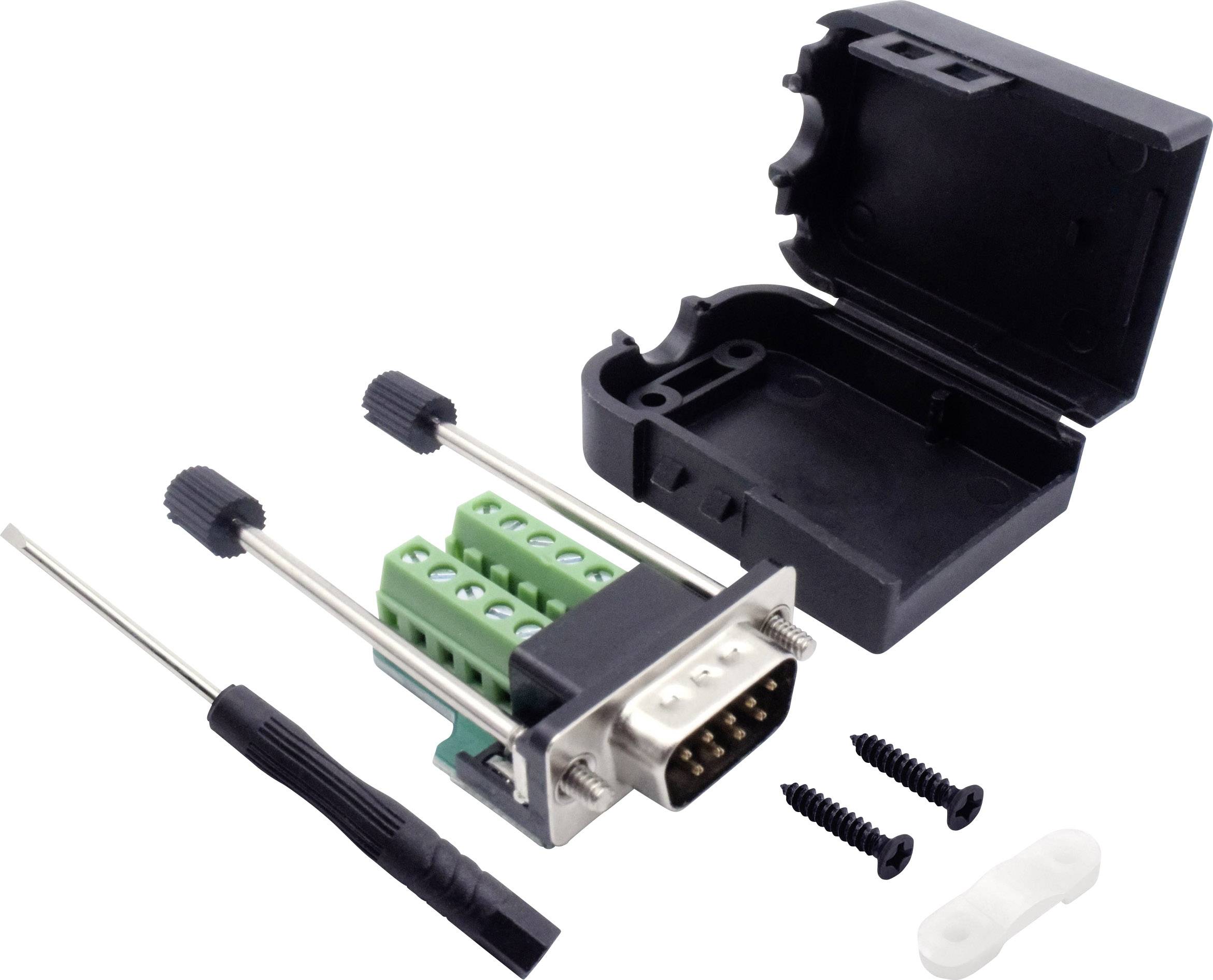 Aansluitstekker-kit met schroefklemmen, afdekking, schroeven en schroevendraaier. Geschikt voor seriële DB9-verbindingen.