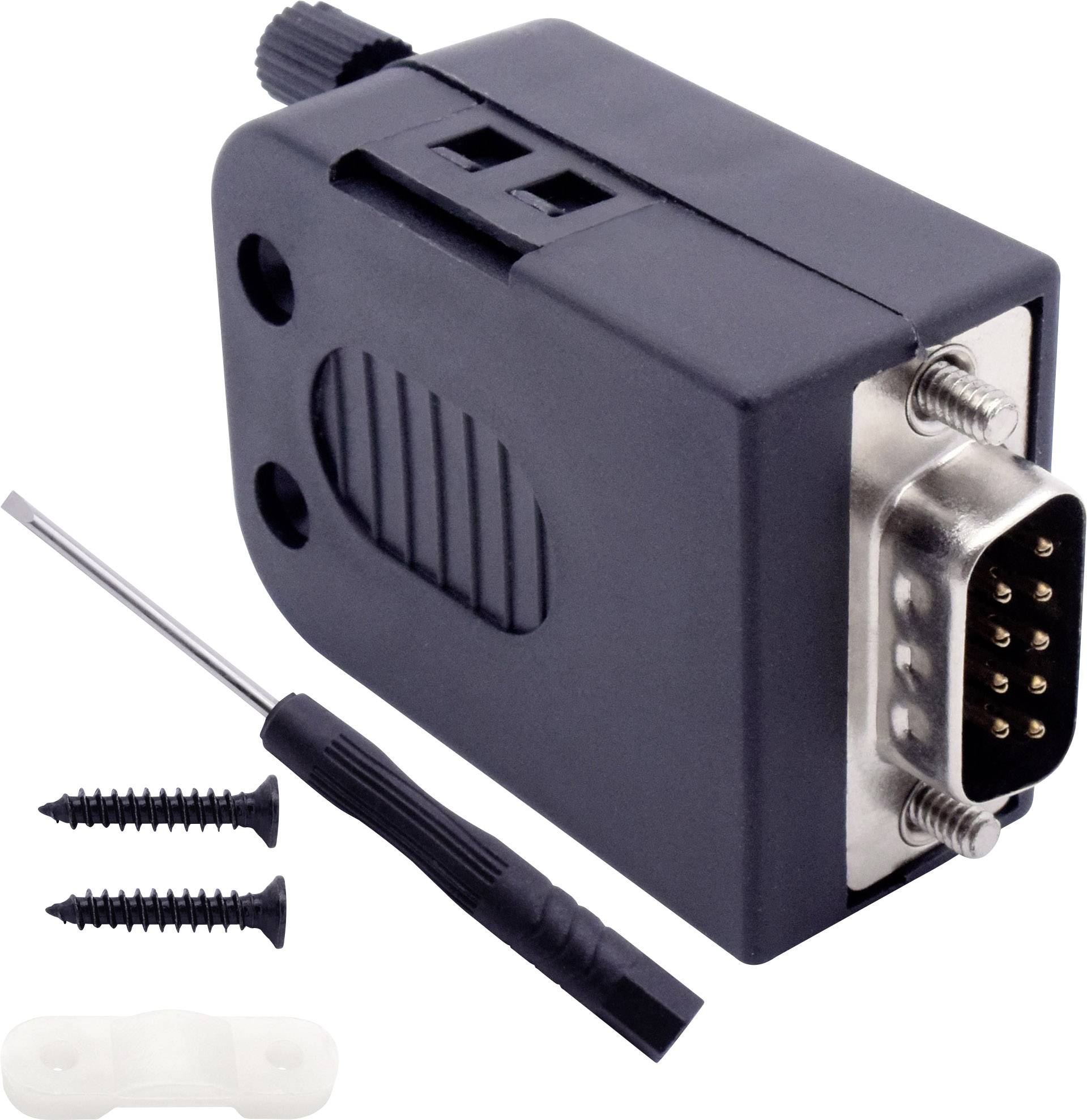 Zwarte VGA-stekker met schroeven en schroevendraaier voor bevestiging. Bevat tevens een kleine houder.