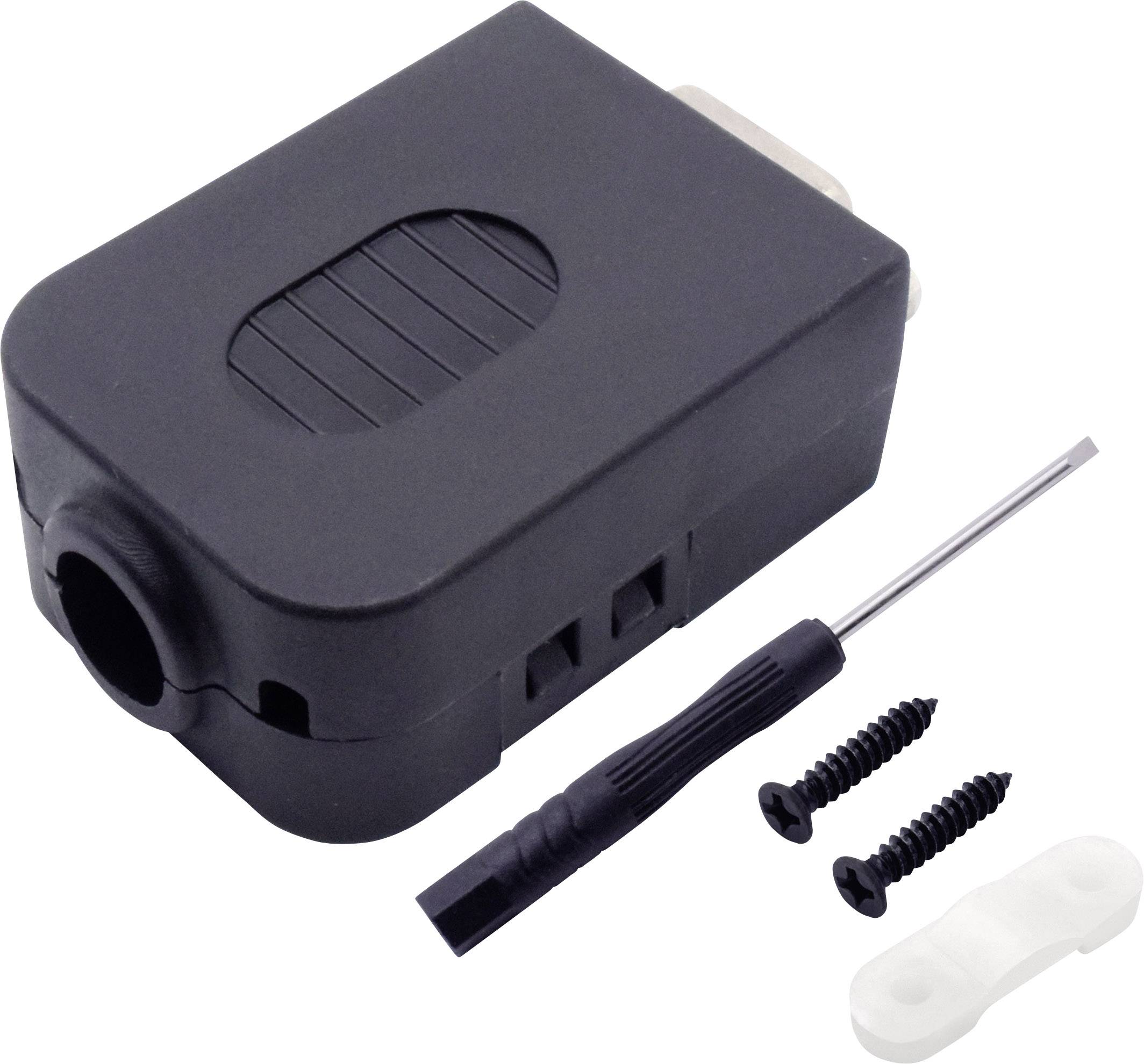 Een zwarte adapter met een schroevendraaier en twee schroeven. De adapter heeft aan één kant een ovale contactset.
