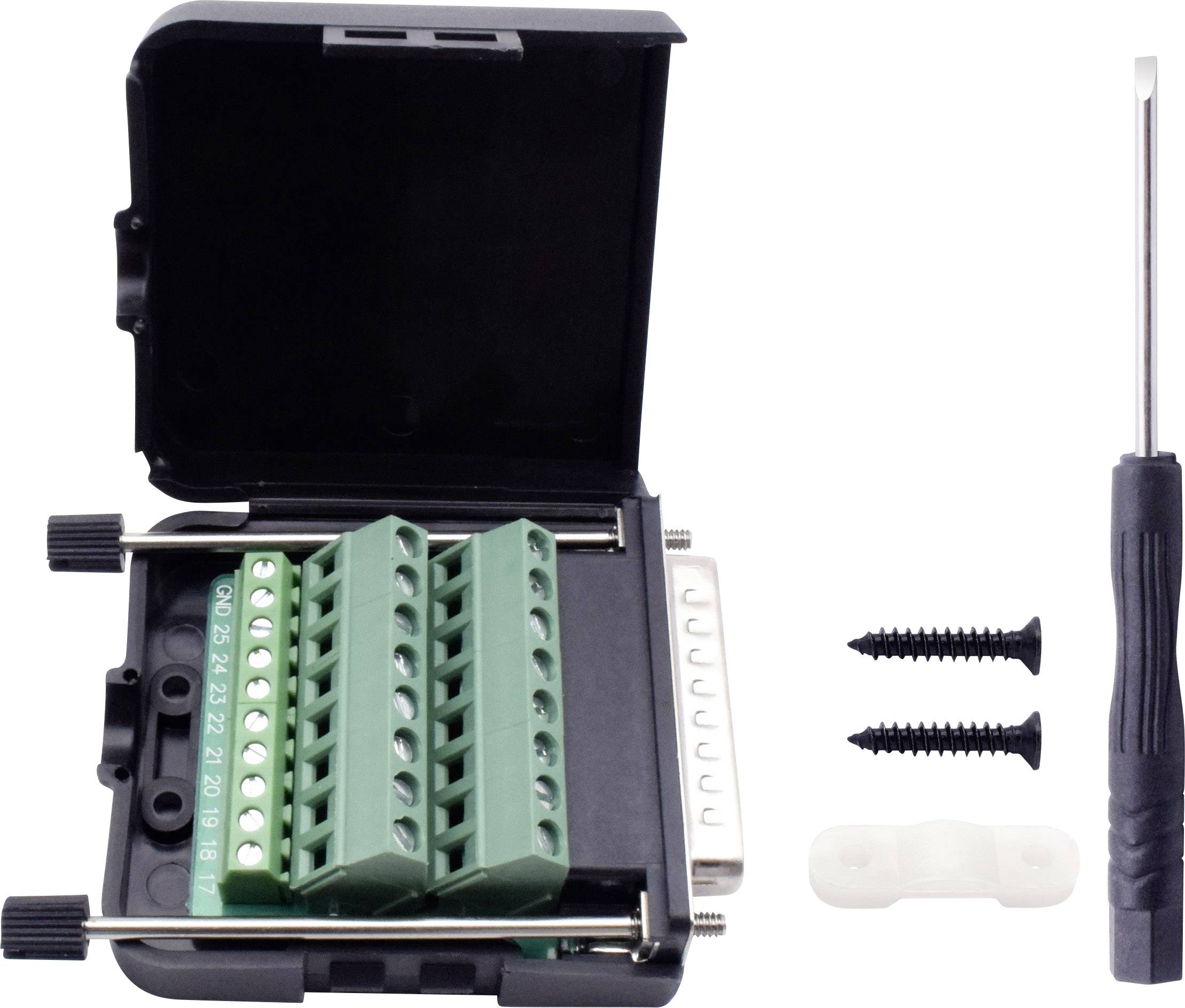 Open D-SUB-connectordoos met groene aansluitblok, twee zwarte schroeven, een witte beugel en een schroevendraaier.