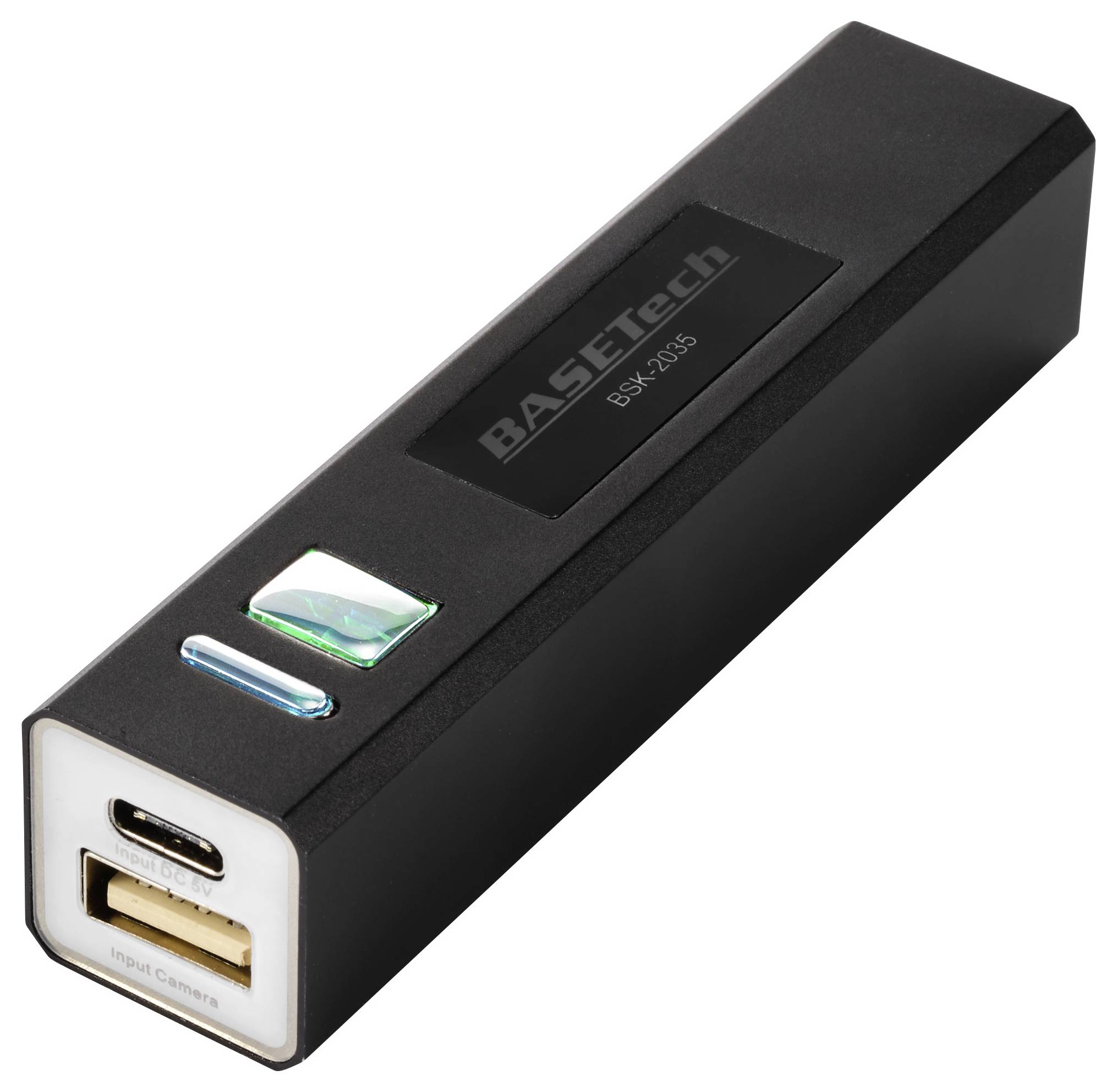 Zwart draagbaar laadapparaat met USB- en micro-USB-poorten, LED-statusindicator en BASETech-logo op de bovenkant.