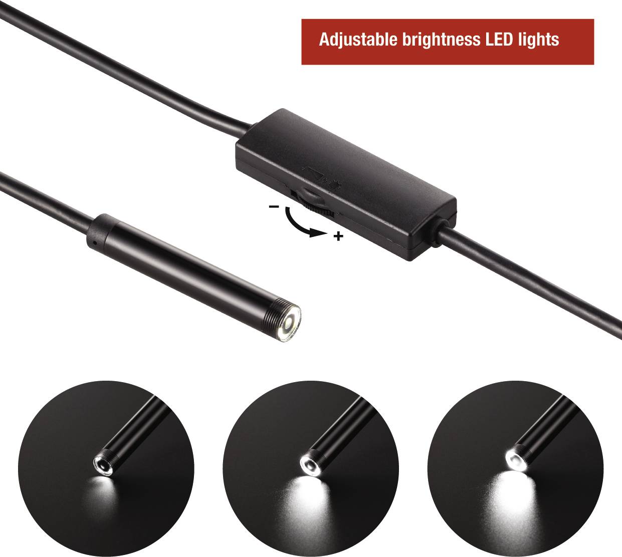 'LED-lamp met instelbare helderheid' met drie afbeeldingen daaronder, die verschillende helderheidsniveaus van de lamp laten zien.