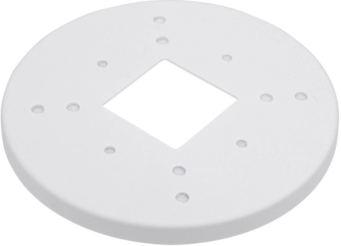 Een witte, ronde montageadapter met een vierkante uitsparing in het midden en meerdere kleinere gaten voor bevestiging.