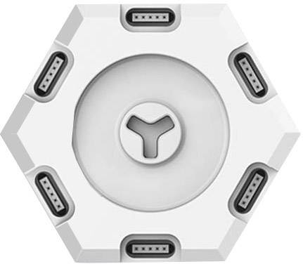 Zeshoekig apparaat met een centrale draaiknop en zes omliggende aansluitingen.