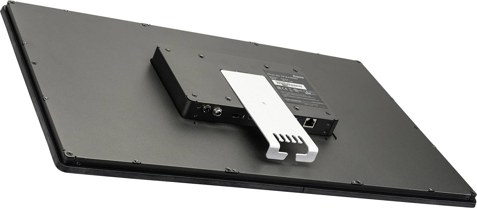 Achterkant van een platte monitor met VESA-bevestiging en aansluitingen, inclusief Ethernet-poort en stroomaansluiting.