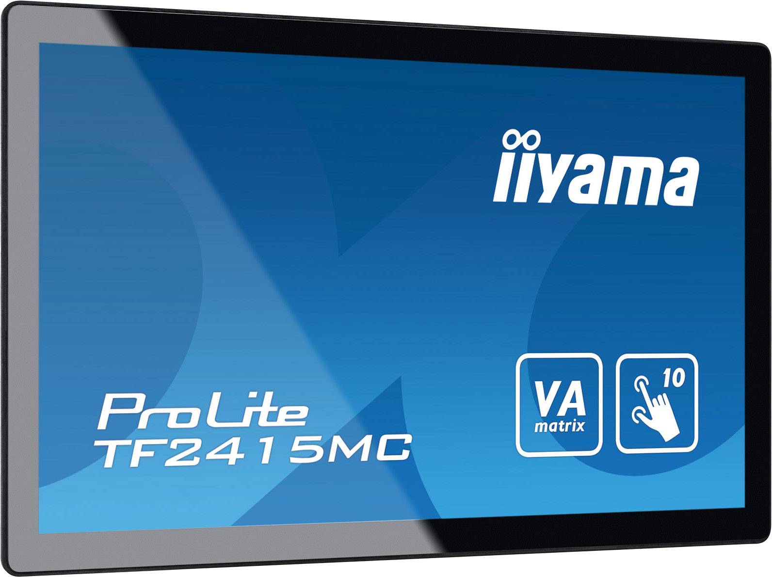 'Iiyama ProLite TF2415MC' Monitor, blauwe achtergrond met logo's voor VA-matrix en 10-punts touchscreen op het display.