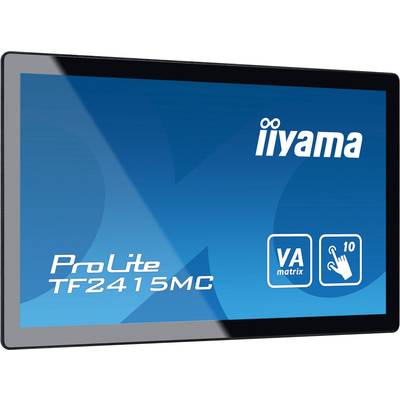 'Iiyama ProLite TF2415MC' Monitor, blauwe achtergrond met logo's voor VA-matrix en 10-punts touchscreen op het display.