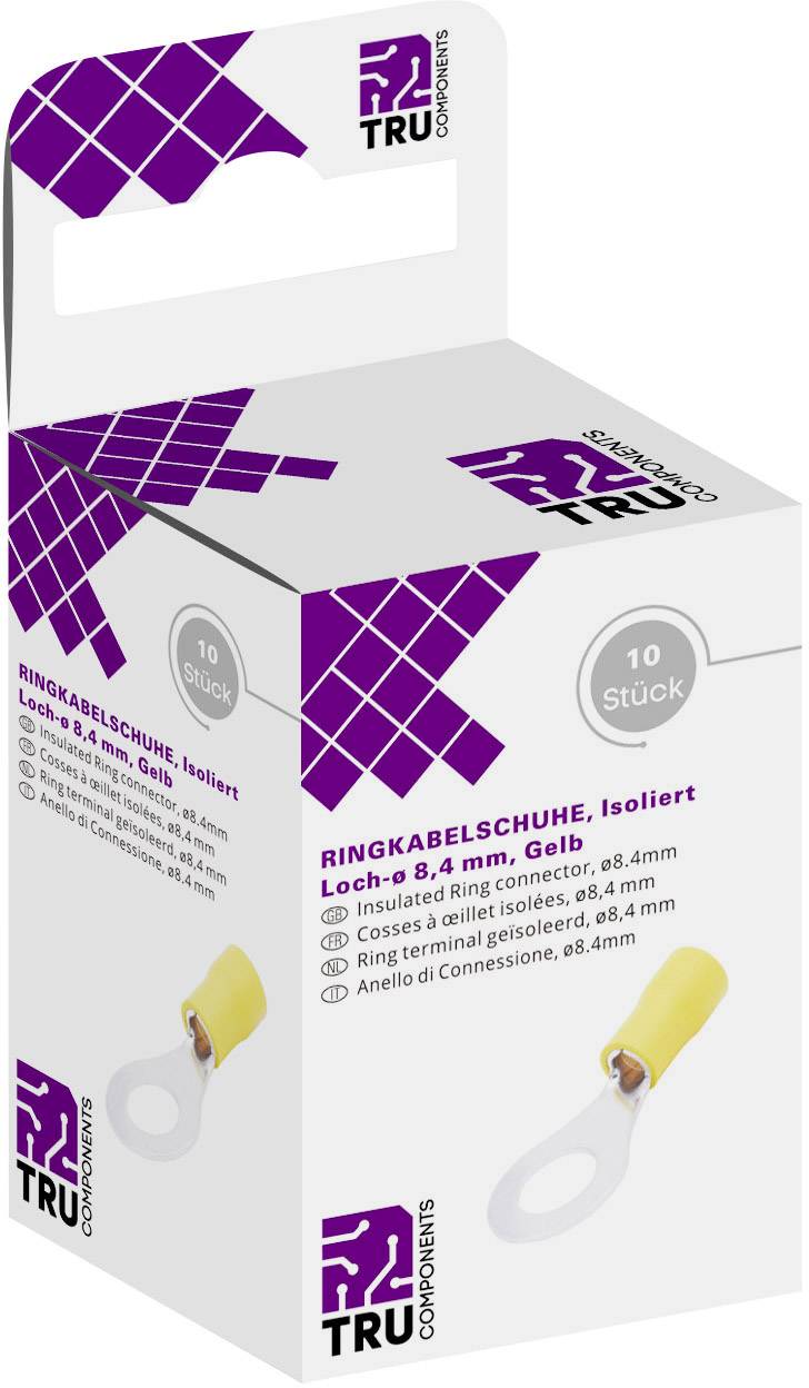 Verpakking met opschrift 'Ringkabelschoenen, gat-Ø 8,4 mm, Geel, 10 stuks' met het TRU Components logo.