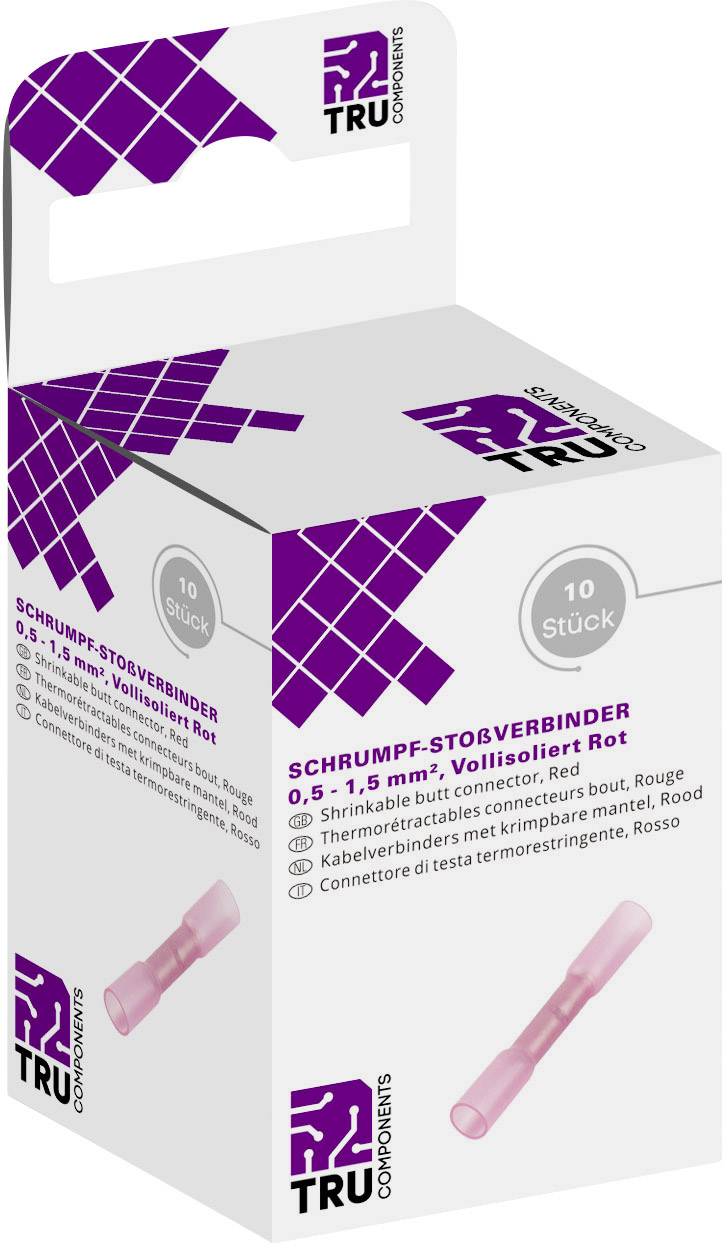Krimp-verbindingsmof-verpakking van TRU Components met opdruk '10 stuks, 0,5 - 1,5 mm² Volledig geïsoleerd Rood'.