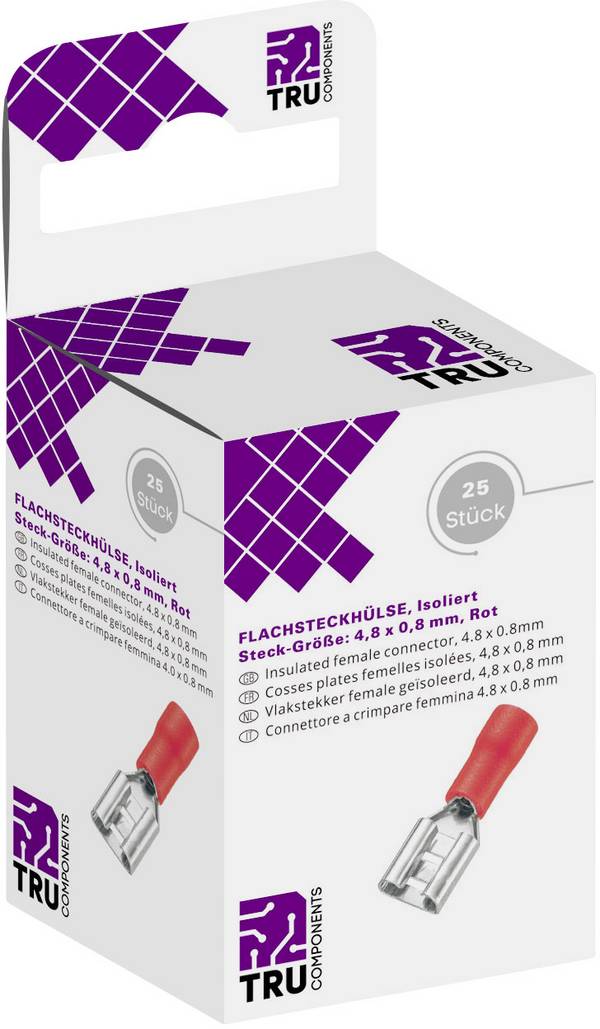 TRU COMPONENTS T1904C106 Assortiment platte stekkers (female) Insteekbreedte: 4.80 mm Insteekdikte: 0.80 mm 180 ° Deels geïsoleerd Rood 25 stuk(s)