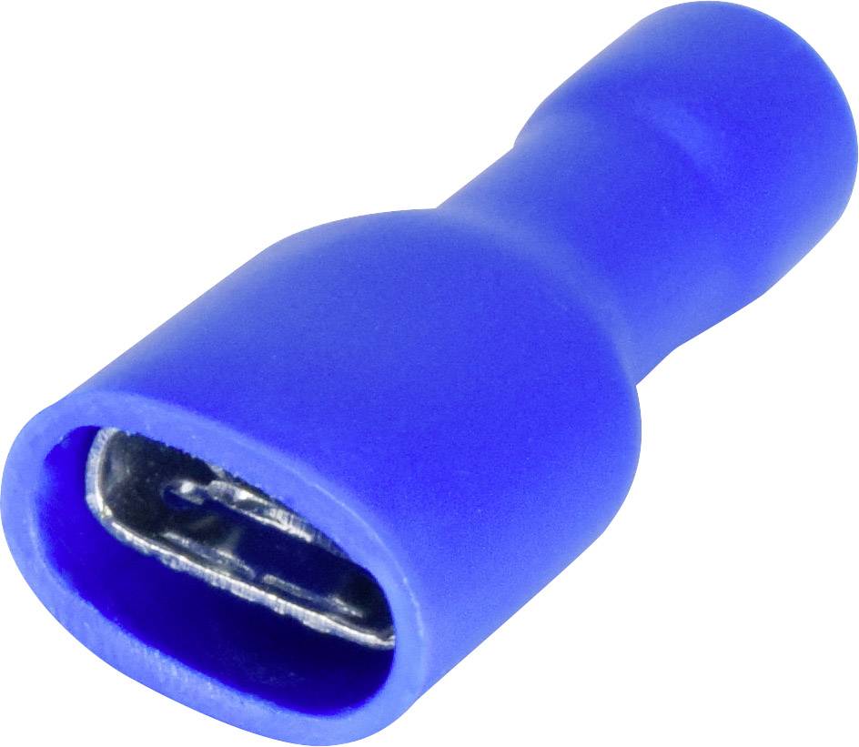 Een blauwe, geïsoleerde kabelschoen met een vlakke metalen aansluiting, gebruikt voor een veilige, verwisselbare elektrische verbinding van draden.