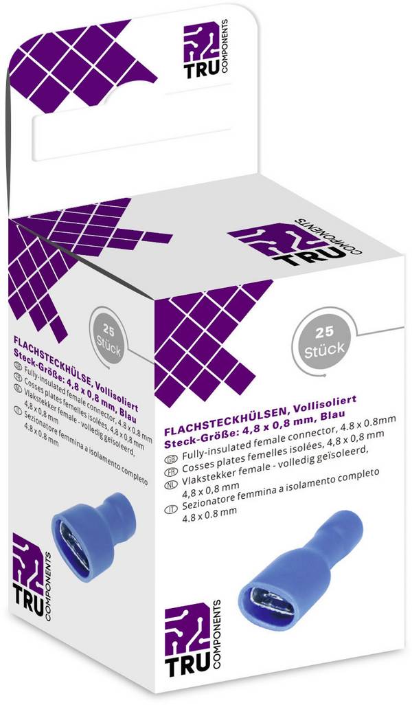 TRU COMPONENTS T1904C116 Assortiment platte stekkers (female) Insteekbreedte: 4.80 mm Insteekdikte: 0.80 mm 180 ° Volledig geïsoleerd Blauw 25 stuk(s)