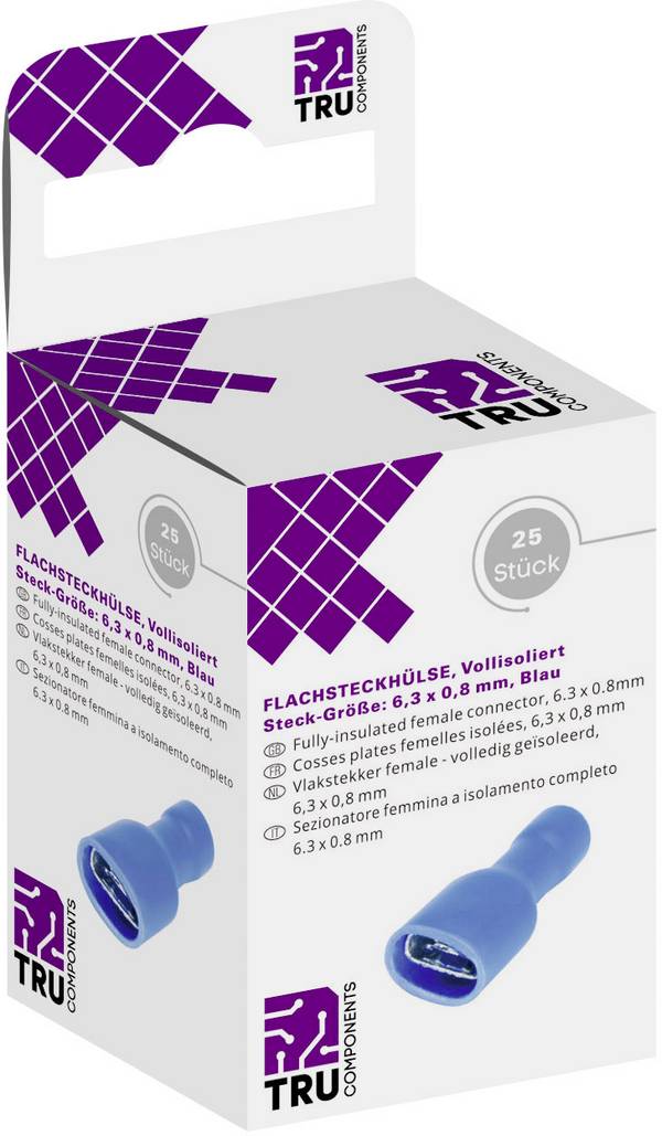 TRU COMPONENTS T1904C118 Assortiment platte stekkers (female) Insteekbreedte: 6.30 mm Insteekdikte: 0.80 mm 180 ° Volledig geïsoleerd Blauw 25 stuk(s)