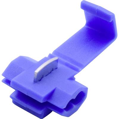 Een blauwe Quick-Connect draadverbinder van kunststof met een metalen aansluiting, die kabels veilig verbindt, wordt van dichtbij getoond.