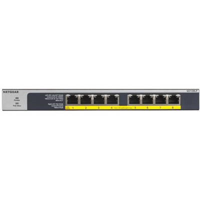 Een 8-poorts netwerk-switch van Netgear met LED-indicatoren voor voeding en activiteit voor elke poort, model GS108LP.