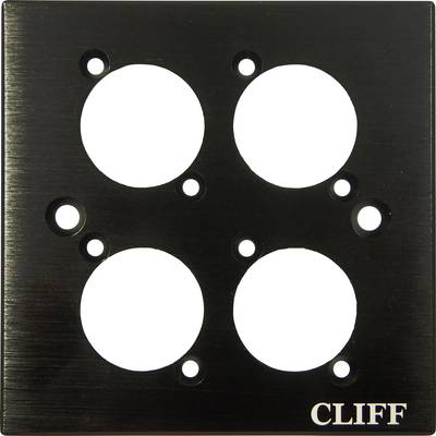 Metalen plaat met vier gelijkmatig verdeelde gaten, geschikt voor montage van componenten. Bovenaan klein gegraveerd: 'CLIFF'.