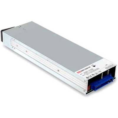 Een rechthoekige, zilveren voeding met een blauwe aansluiting aan de voorkant. Geschikt voor verschillende elektronische apparaten.