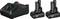 Een zwarte oplader en twee 12V-accu's van een elektrisch gereedschapsmerk. De oplader geeft de laadstatus aan met rood en groen licht.
