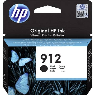 'HP 912 inktcartridge, zwarte inkt, verpakking toont blauwe vlinders op een donkere achtergrond.'