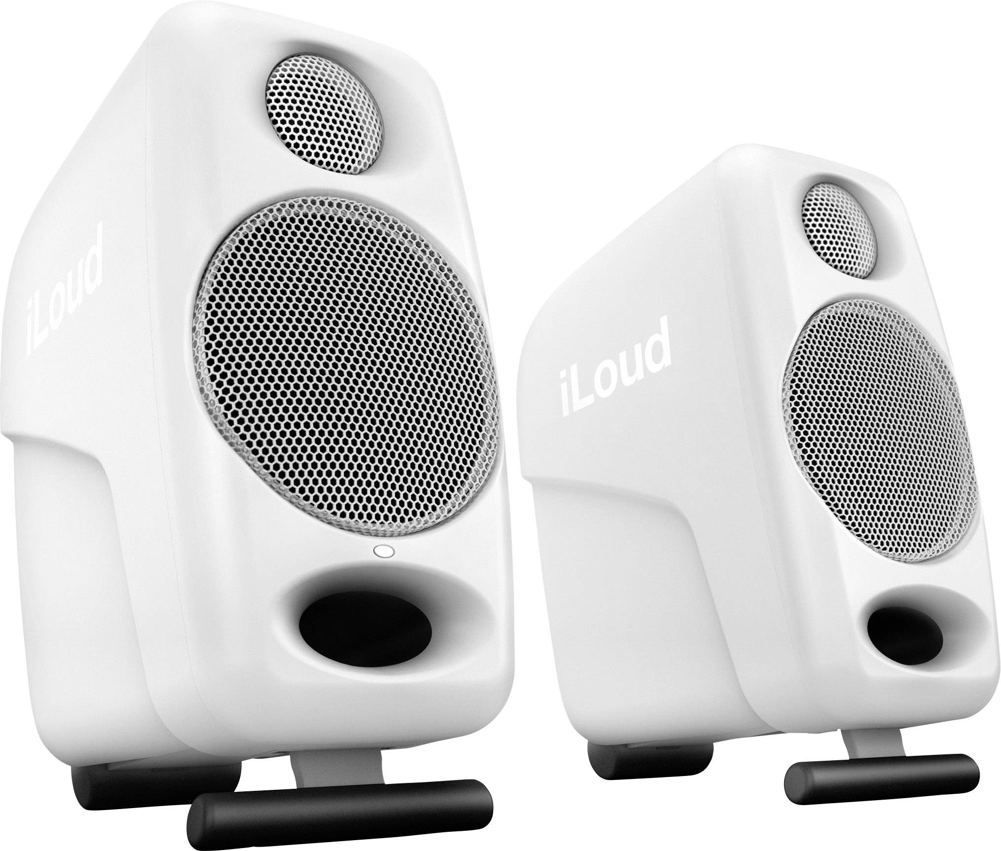 Twee witte iLoud-speakers, een grotere en een kleinere, staan naast elkaar, allebei met afgeronde hoeken en een zichtbaar rooster.