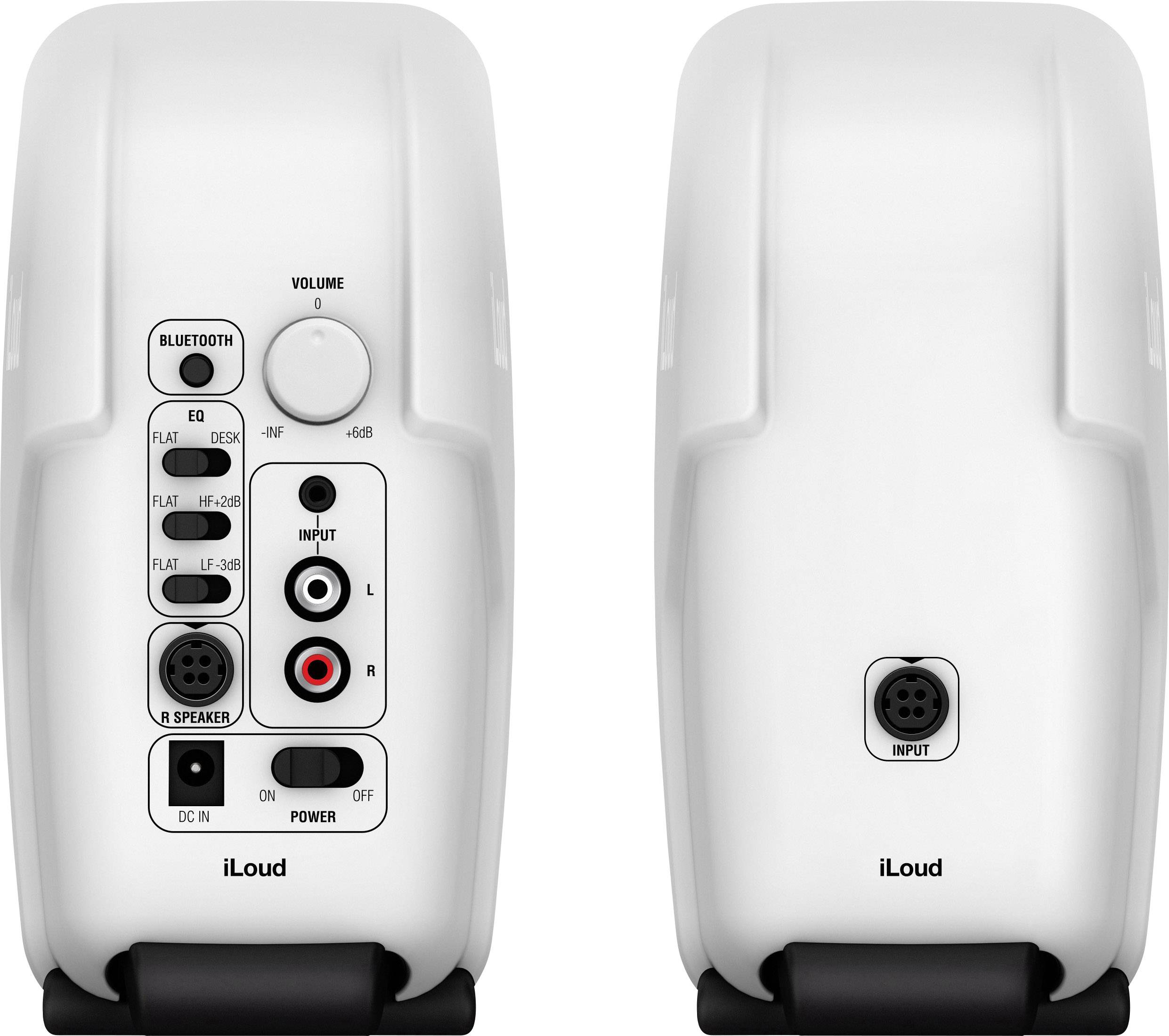 Twee witte luidsprekerboxen met meerdere knoppen en aansluitingen, waaronder volumeregelaars, Bluetooth-schakelaar en ingangen voor audioverbindingen. Merknaam 'iLoud' zichtbaar.